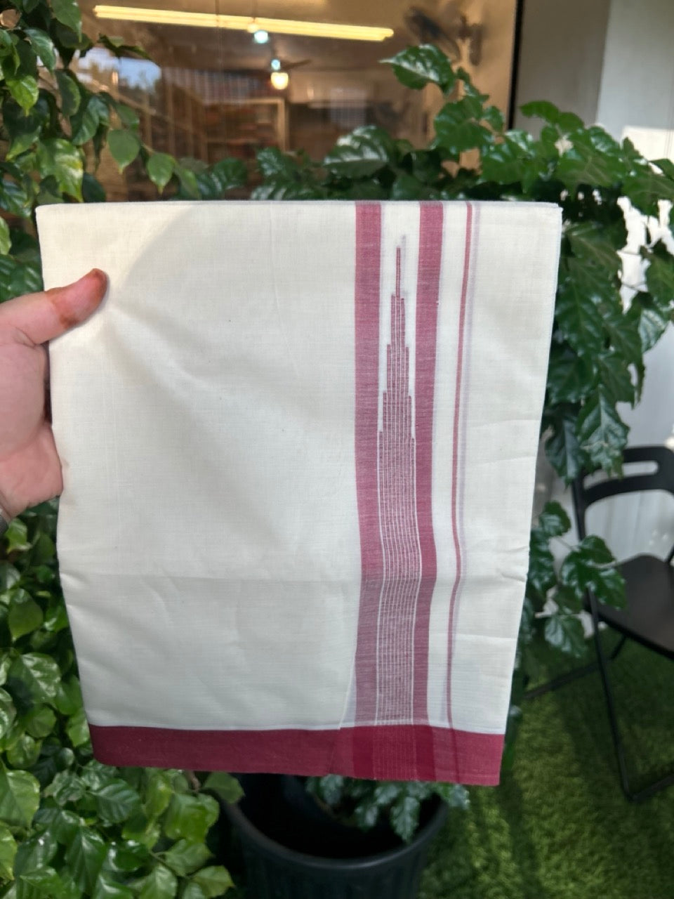 20% Discount! KaithariKada Balaramapuram 100% Cotton Double off white (Unbleached) Mundu/Dhoti - 100X80 - 1.75 inch Maroon Striped chutty Kara 4 mtr (8.5 Muzham) - 61 KK5283 PMC
