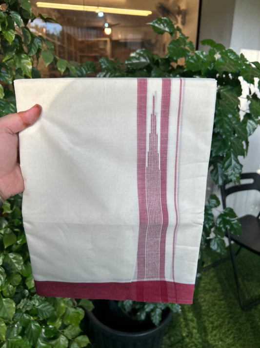 20% Discount! KaithariKada Balaramapuram 100% Cotton Double off white (Unbleached) Mundu/Dhoti - 100X80 - 1.75 inch Maroon Striped chutty Kara 4 mtr (8.5 Muzham) - 61 KK5283 PMC