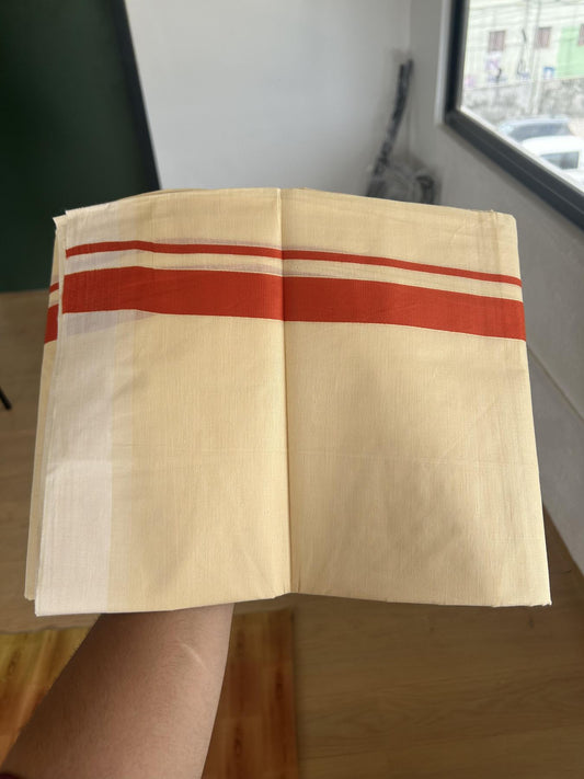 Kannur Kavi - 20% Discount! KaithariKada Balaramapuram Double Mundu/Dhoti - Pure Cotton - 100x80 - Kannur Yellow colour Body 1 Inch Redish Orang kara - 4 mtr - (8.5 muzham) - 4 KK5389 GAN