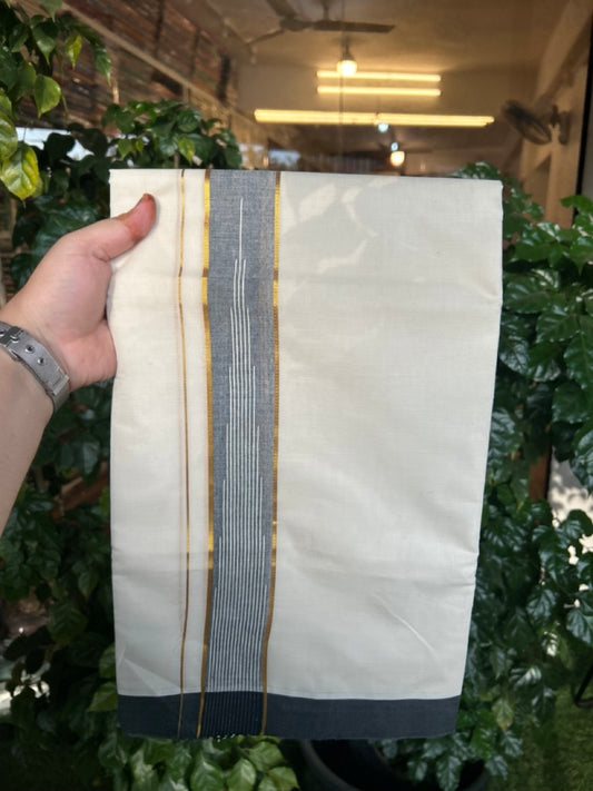 20% Discount ! Kaitharikada Balaramapuram 100% Pure Cotton Double Off white (Unbleached) Mundu/Dhoti - 100x80 - 1.75 inch Gold Kasav Black Shaded Stripes Chutty Kara - 16 KK5283 PMC