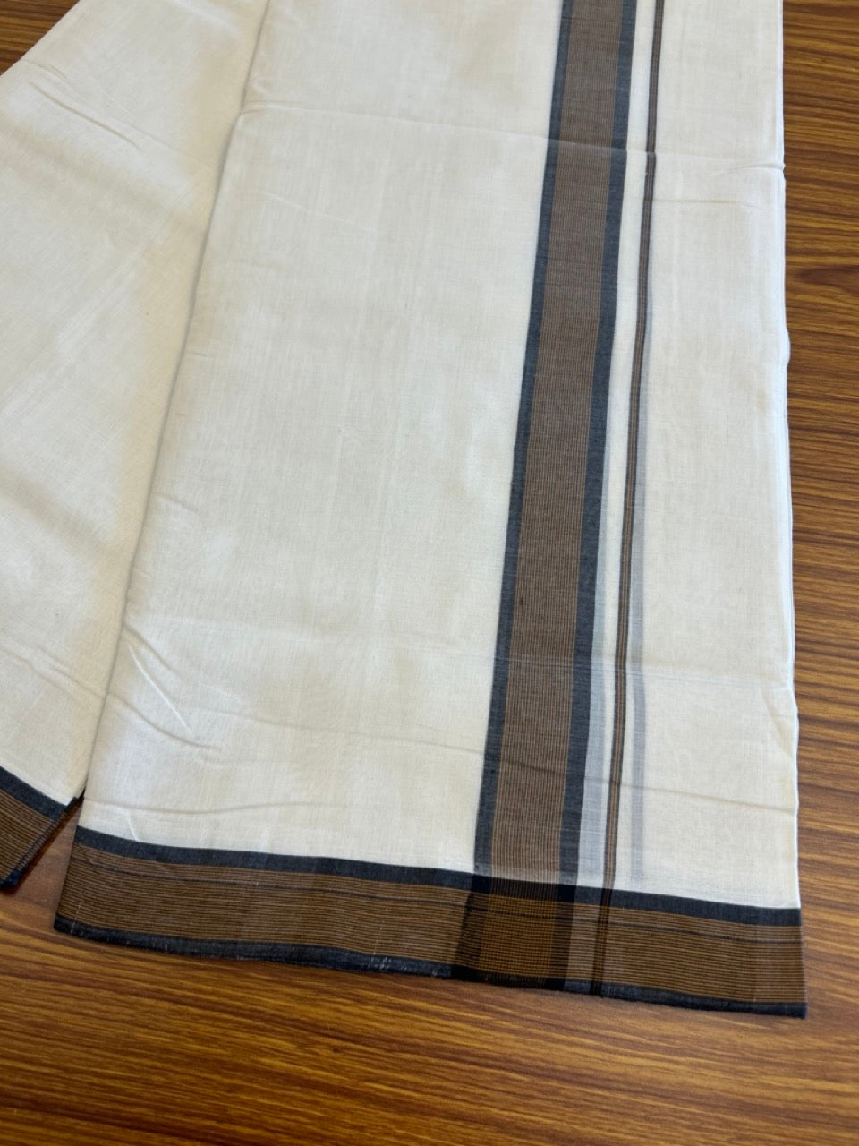30% DISCOUNT!! KaithariKada HANDLOOM UNAKKUPAAV Balaramapuram - 100% PURE Cotton OFF White Double - (Unbleached) Mundu/Dothi - 2 inch Brown & Black Stripes Kara 4.5 Meters (10 Muzham) - 4KK5041SOM