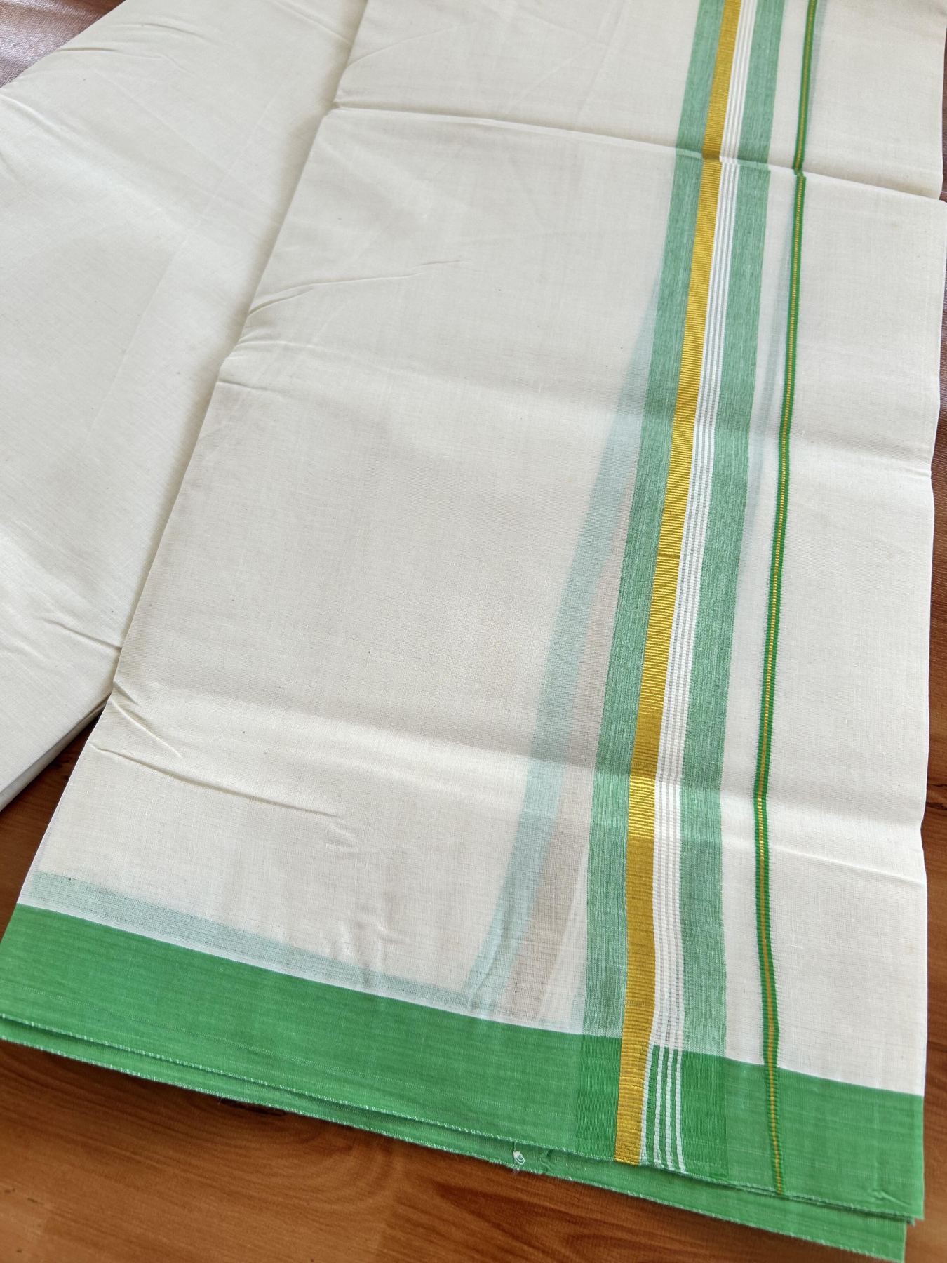Double Off White (Unbleached) Mundu/Dhoti - 20% Discount! Kaitharikada Pure Cotton - 80x80 - 1.5 Inch Gold Kasav & Light Green Shaded Striped Kara 4 mtr (8.5 muzham) - 23 KK5465 MRH