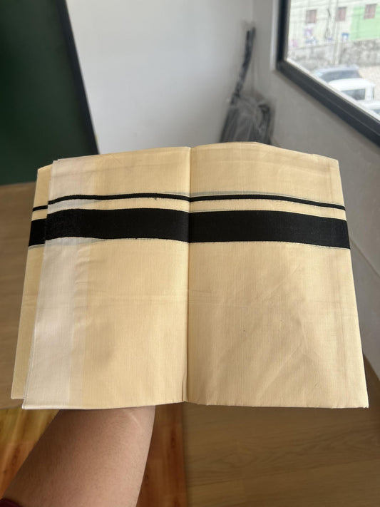 Kannur Kavi - 20% Discount! KaithariKada Balaramapuram Double Mundu/Dhoti - Pure Cotton - 100x80 - Kannur Yellow colour Body 1 Inch  Black kara - 4 mtr - (8.5 muzham) - 11 KK5389 GAN