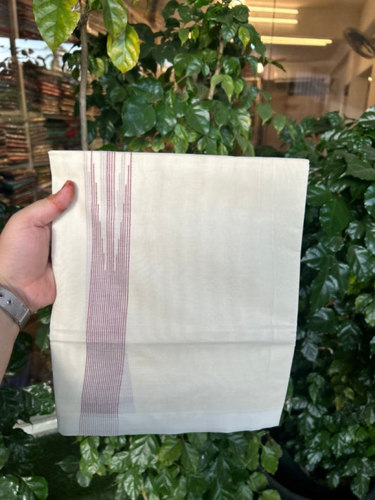 20% Discount! KaithariKada Balaramapuram 100%  Cotton Double off white (Unbleached) Mundu/Dhoti - 100X80 - 1.5 inch Maroon Striped chutty Kara 4 mtr (8.5 Muzham) - 50 KK5283 PMC