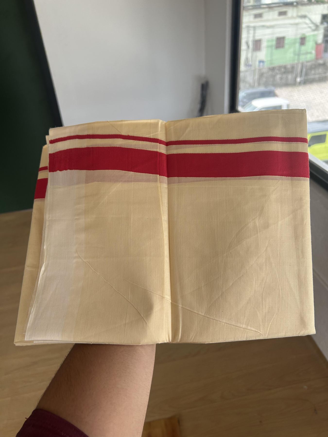 Kannur Kavi - 20% Discount! KaithariKada Balaramapuram Double Mundu/Dhoti - Pure Cotton - 100x80 - Kannur Yellow colour Body 1 Inch Red kara - 4 mtr - (8.5 muzham) - 5 KK5389 GAN