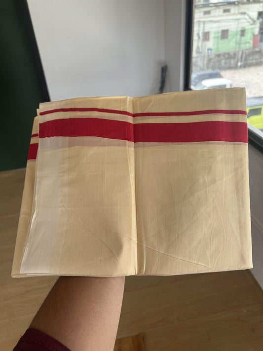 Kannur Kavi - 20% Discount! KaithariKada Balaramapuram Double Mundu/Dhoti - Pure Cotton - 100x80 - Kannur Yellow colour Body 1 Inch Red kara - 4 mtr - (8.5 muzham) - 5 KK5389 GAN