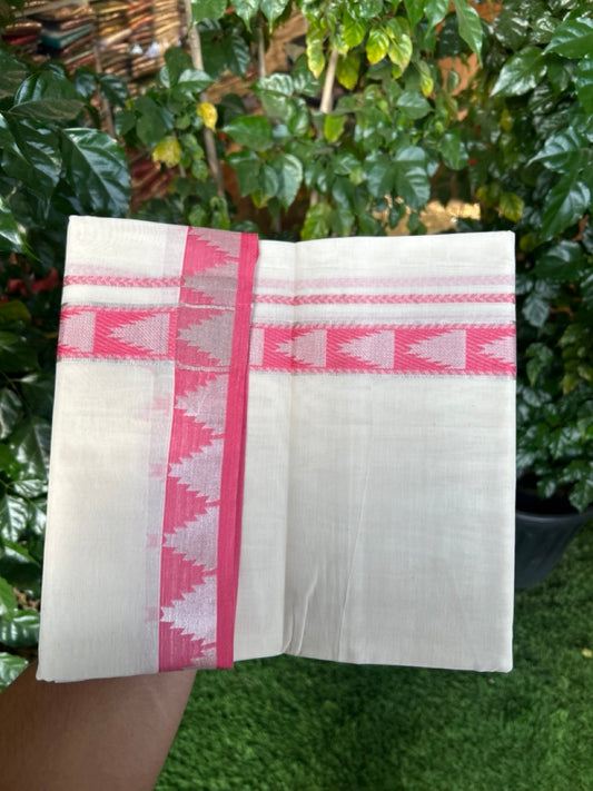 20% DISCOUNT ! KaithariKada Balaramapuram 100% Cotton Double off white  (Unbleached) Mundu/Dhoti - 100X80 - 1.25 inch Silver kasavu & Pink Temple jacquard design kara - 4 mtr (8.5 Muzham) - 30 KK5283 PMC