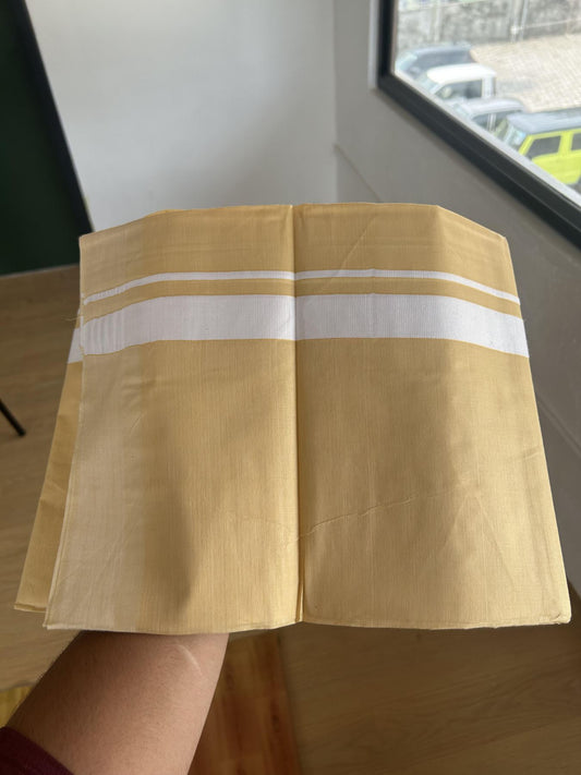Kannur Kavi - 20% Discount! KaithariKada Balaramapuram Double Mundu/Dhoti - Pure Cotton - 100x80 - Kannur Yellow colour Body 1 Inch White kara - 4 mtr - (8.5 muzham) - 3 KK5389 GAN