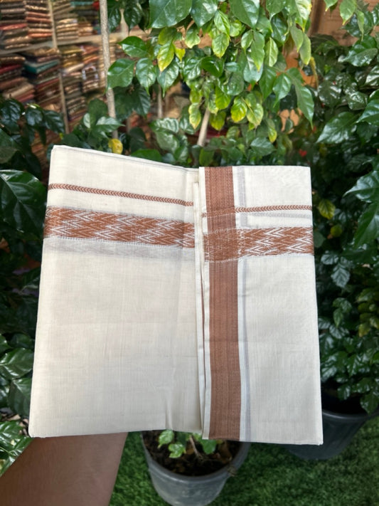 20% DISCOUNT ! KaithariKada Balaramapuram 100%  Cotton Double off white  (Unbleached) Mundu/Dhoti - 100X80 - 1.25 inch Silver kasavu & Brown jacquard design kara - 4 mtr (8.5 Muzham) - 29 KK5283 PMC