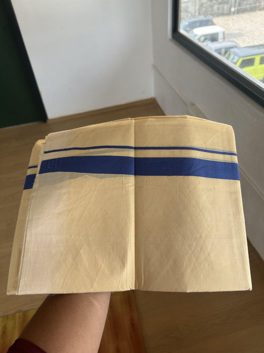 Kannur Kavi - 20% Discount! KaithariKada Balaramapuram Double Mundu/Dhoti - Pure Cotton - 100x80 - Kannur Yellow colour Body 1 Inch  Blue kara - 4 mtr - (8.5 muzham) - 10 KK5389 GAN