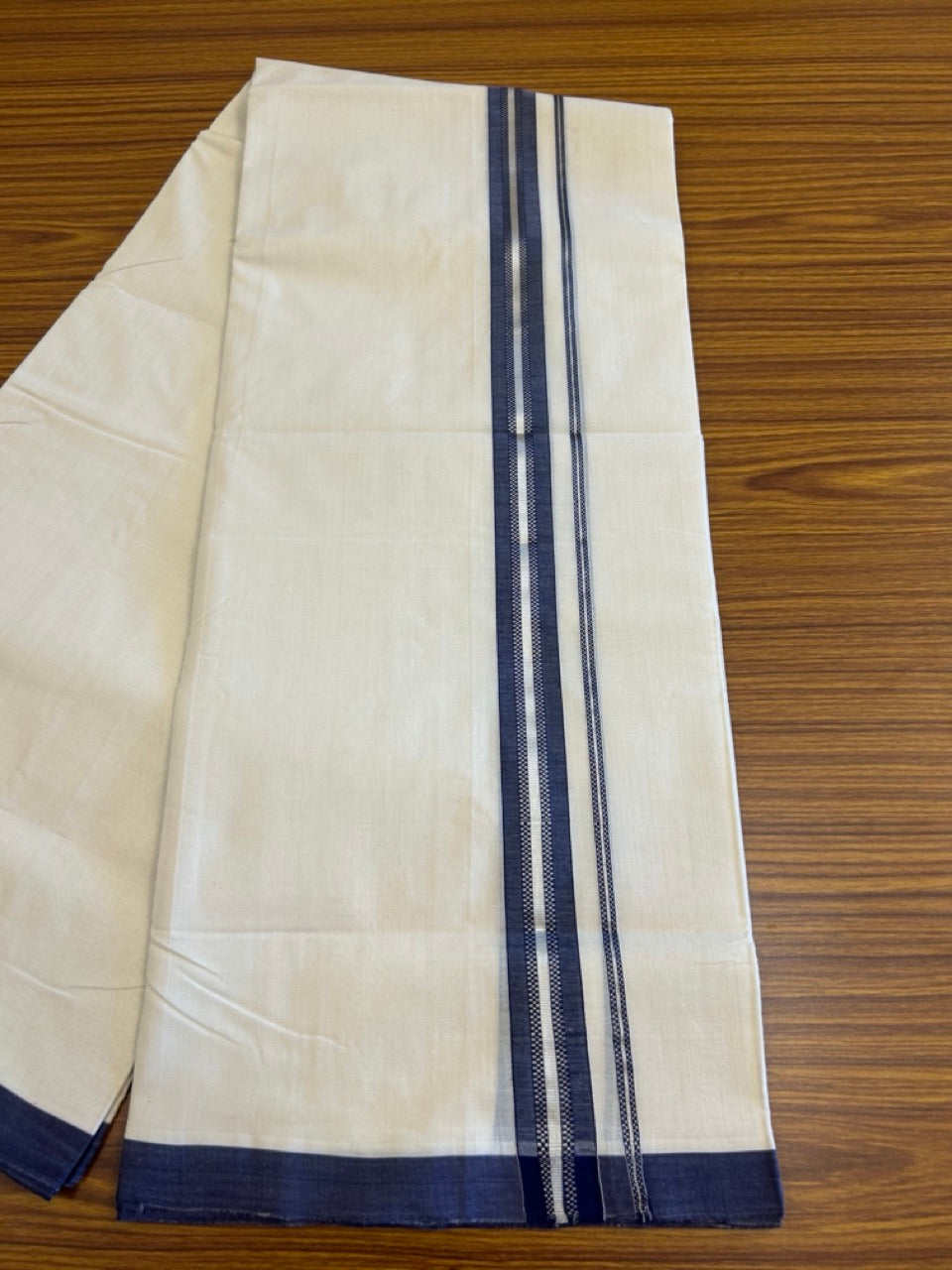 25% DISCOUNT!! KaithariKada HANDLOOM UNAKKUPAAV Balaramapuram - 100% PURE Cotton OFF White Double - (Unbleached)- Mundu/Dothi - 1.75 inch Navy Blue & Silver Stripes Kara 4.5 Meters (10 Muzham) - 6KK5041SOM