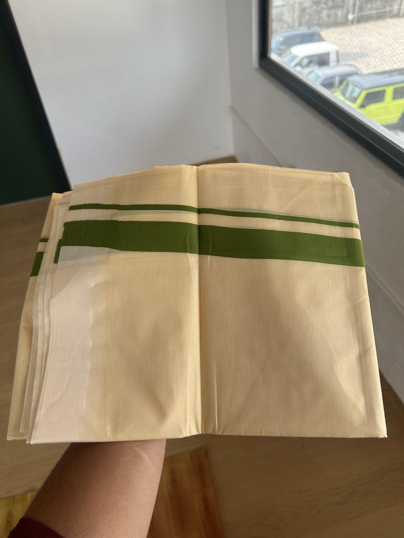 Kannur Kavi - 20% Discount! KaithariKada Balaramapuram Double Mundu/Dhoti - Pure Cotton - 100x80 - Kannur Yellow colour Body 1 Inch Forest Green kara - 4 mtr - (8.5 muzham) - 2 KK5389 GAN