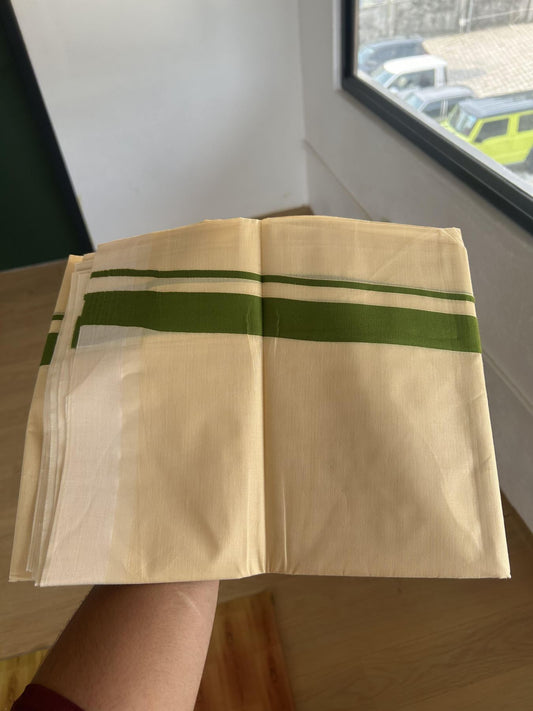 Kannur Kavi - 20% Discount! KaithariKada Balaramapuram Double Mundu/Dhoti - Pure Cotton - 100x80 - Kannur Yellow colour Body 1 Inch Forest Green kara - 4 mtr - (8.5 muzham) - 2 KK5389 GAN