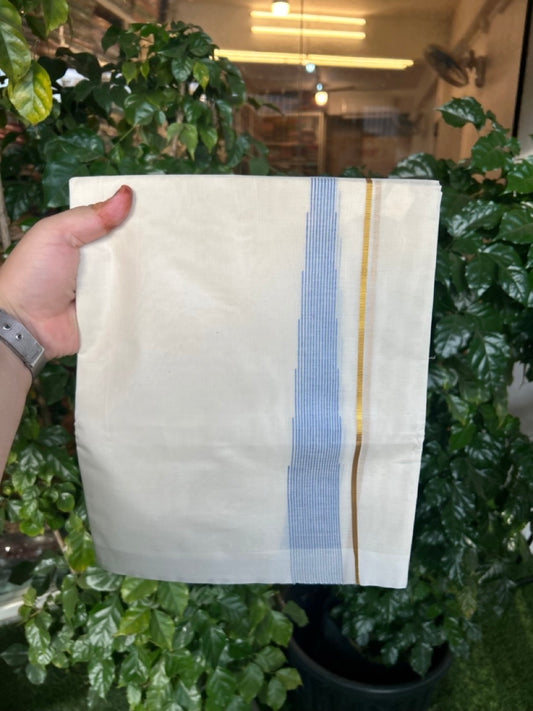 20% Discount ! Kaitharikada Balaramapuram 100% Pure Cotton Double Off white (Unbleached) Mundu/Dhoti - 100x80 - 1.5 inch Gold Kasav Sky Blue Shaded Stripes Chutty Kara - 17 KK5283 PMC