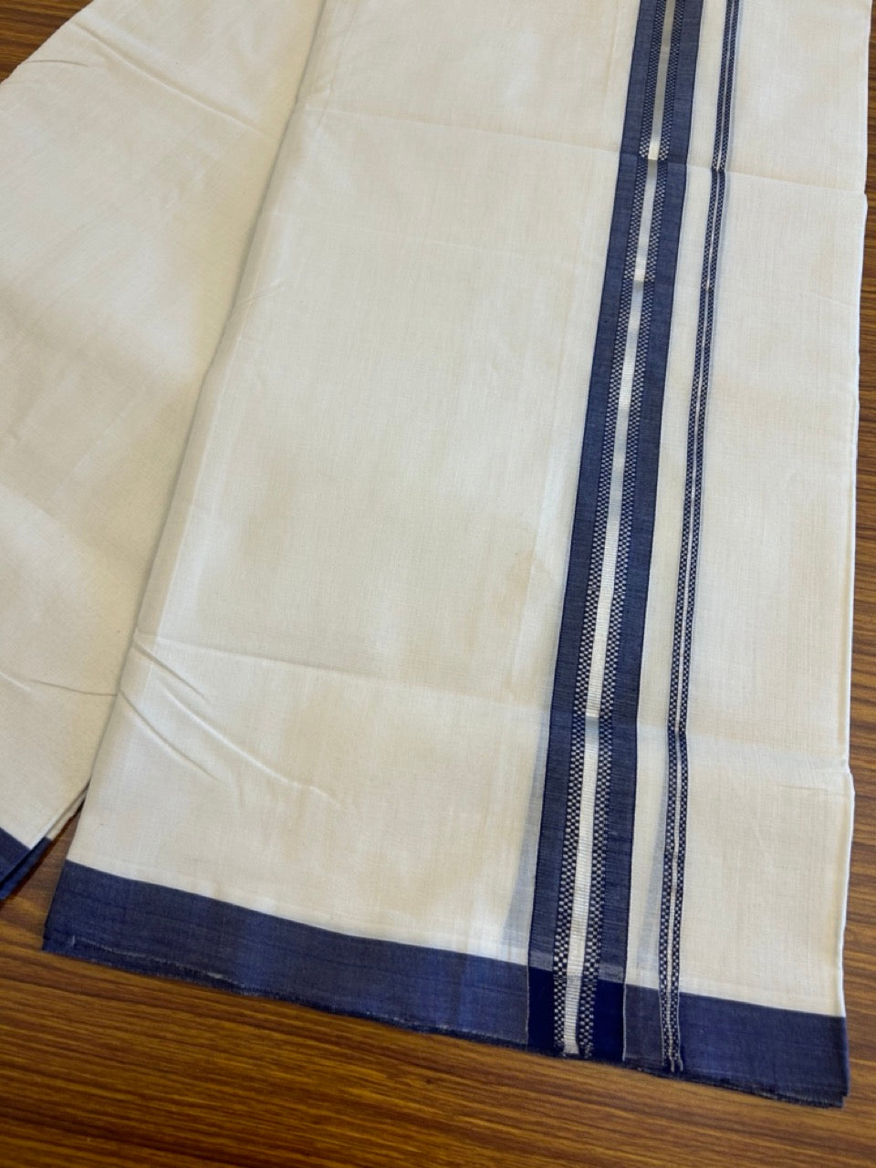 25% DISCOUNT!! KaithariKada HANDLOOM UNAKKUPAAV Balaramapuram - 100% PURE Cotton OFF White Double - (Unbleached)- Mundu/Dothi - 1.75 inch Navy Blue & Silver Stripes Kara 4.5 Meters (10 Muzham) - 6KK5041SOM