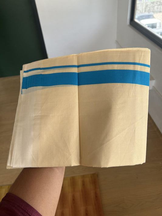Kannur Kavi - 20% Discount! KaithariKada Balaramapuram Double Mundu/Dhoti - Pure Cotton - 100x80 - Kannur Yellow colour Body 1 Inch Sky Blue kara - 4 mtr - (8.5 muzham) - 8 KK5389 GAN
