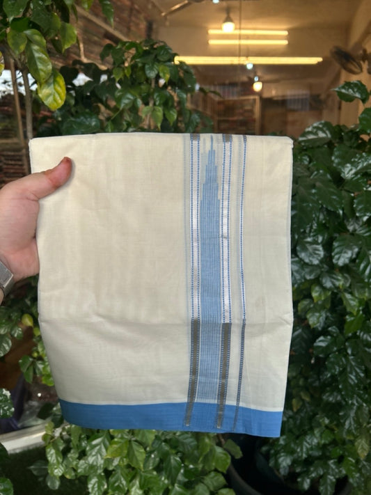 20% Discount! KaithariKada Balaramapuram 100%  Cotton Double off white (Unbleached) Mundu/Dhoti - 100X80 - 1.5 inch Silver kasavu & Light Blue striped chutty - 4 mtr (8.5 Muzham) - 42 KK5283 PMC