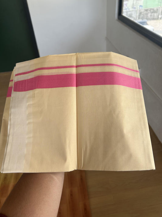Kannur Kavi - 20% Discount! KaithariKada Balaramapuram Double Mundu/Dhoti - Pure Cotton - 100x80 - Kannur Yellow colour Body 1 Inch Bright Pink kara - 4 mtr - (8.5 muzham) - 7 KK5389 GAN