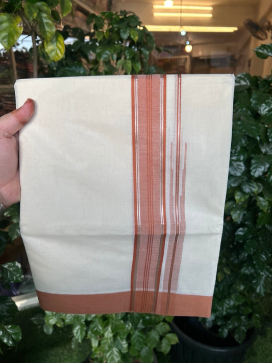 20% Discount! KaithariKada Balaramapuram 100%  Cotton Double off white (Unbleached) Mundu/Dhoti - 100X80 - 1.5 inch Silver kasavu & Brown shaded striped chutty - 4 mtr (8.5 Muzham) - 38 KK5283 PMC
