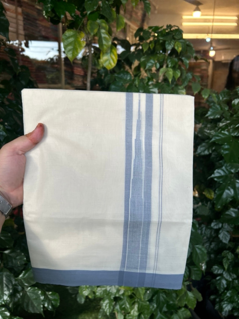 20% Discount! KaithariKada Balaramapuram 100% Cotton Double off white (Unbleached) Mundu/Dhoti - 100X80 - 1.75 inch Ash Blue Striped chutty Kara 4 mtr (8.5 Muzham) - 62 KK5283 PMC