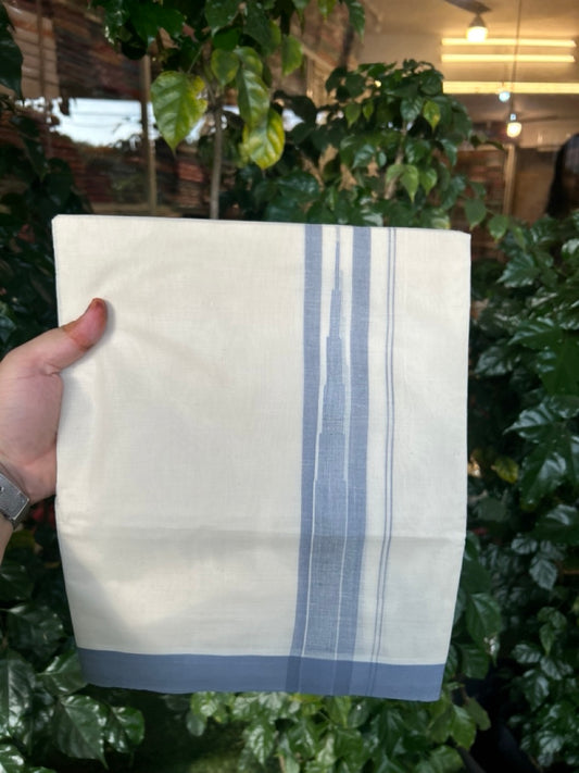 20% Discount! KaithariKada Balaramapuram 100% Cotton Double off white (Unbleached) Mundu/Dhoti - 100X80 - 1.75 inch Ash Blue Striped chutty Kara 4 mtr (8.5 Muzham) - 62 KK5283 PMC