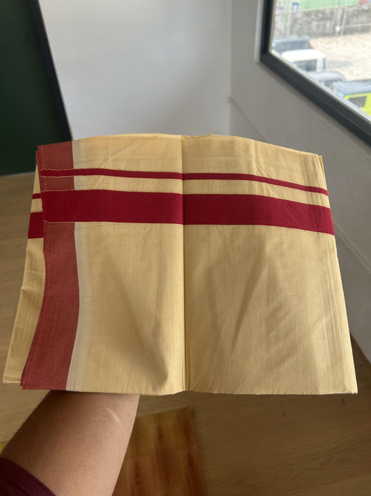 Kannur Kavi - 20% Discount! KaithariKada Balaramapuram Double Mundu/Dhoti - Pure Cotton - 100x80 - Kannur Yellow colour Body 1 Inch Maroon kara - 4 mtr - (8.5 muzham) - 6 KK5389 GAN