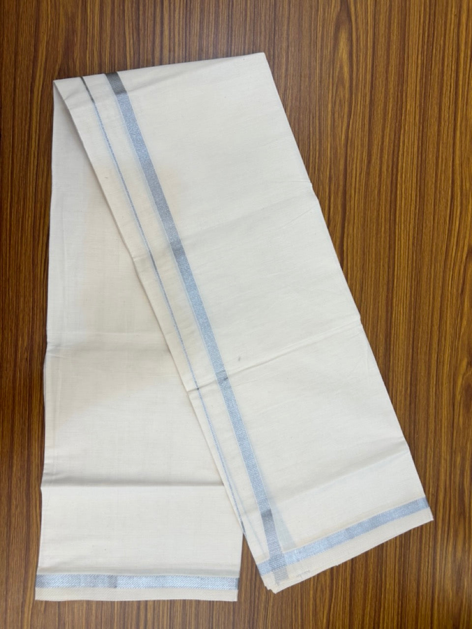 KaithariKada Balaramapuram 100% Cotton Single Off White - (Unbleached) Mundu/Dhoti - 100X100 - 0.5 inch Silver Kasavu Kara (2 meter / 4 muzham) - 2 KK5283 PMC
