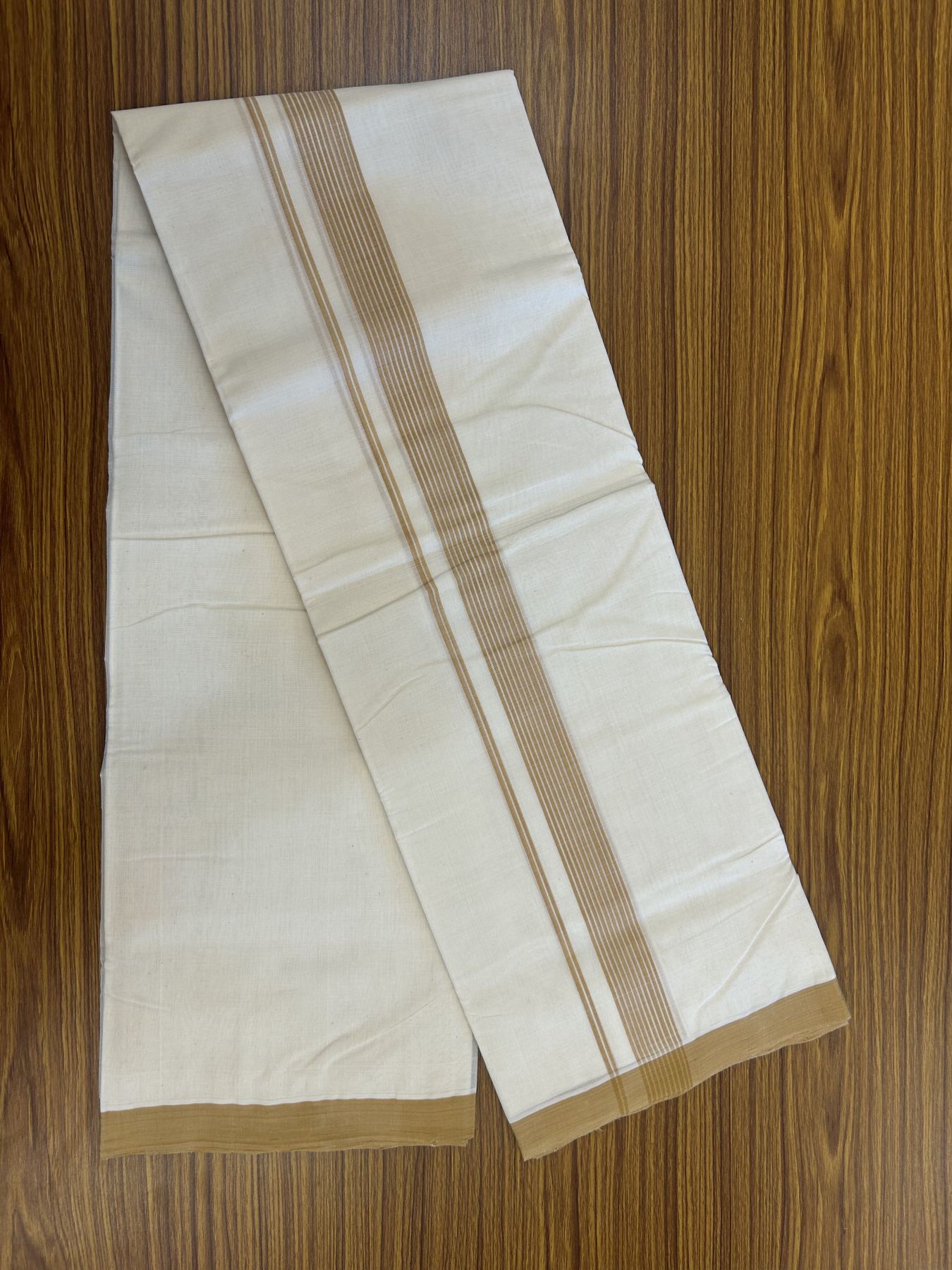 25% Discount! KaithariKada Handloom Millpaav Balaramapuram - Cotton Double Mundu/Dhoti Off white (Unbleached) - 80x90 - 1.25 inch Mustard Brown striped Kara - 3.70 meter (8 Muzham) - 39 KK5320 RAM