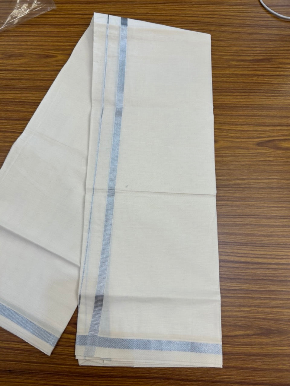 KaithariKada Balaramapuram 100% Cotton Single Off White - (Unbleached) Mundu/Dhoti - 100X100 - 0.5 inch Silver Kasavu Kara (2 meter / 4 muzham) - 2 KK5283 PMC