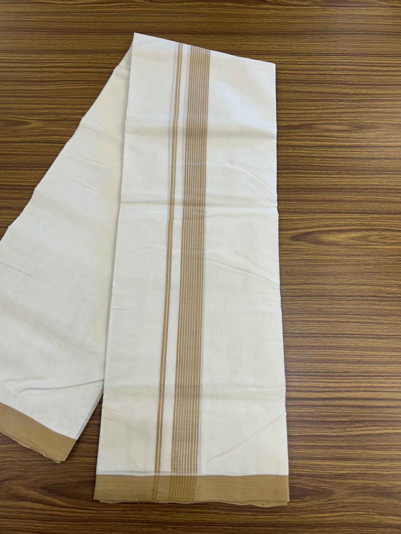 25% Discount! KaithariKada Handloom Millpaav Balaramapuram - Cotton Double Mundu/Dhoti Off white (Unbleached) - 80x90 - 1.25 inch Mustard Brown striped Kara - 3.70 meter (8 Muzham) - 39 KK5320 RAM