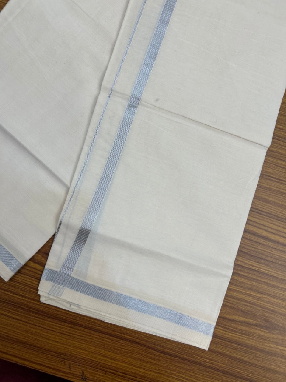 KaithariKada Balaramapuram 100% Cotton Single Off White - (Unbleached) Mundu/Dhoti - 100X100 - 0.5 inch Silver Kasavu Kara (2 meter / 4 muzham) - 2 KK5283 PMC