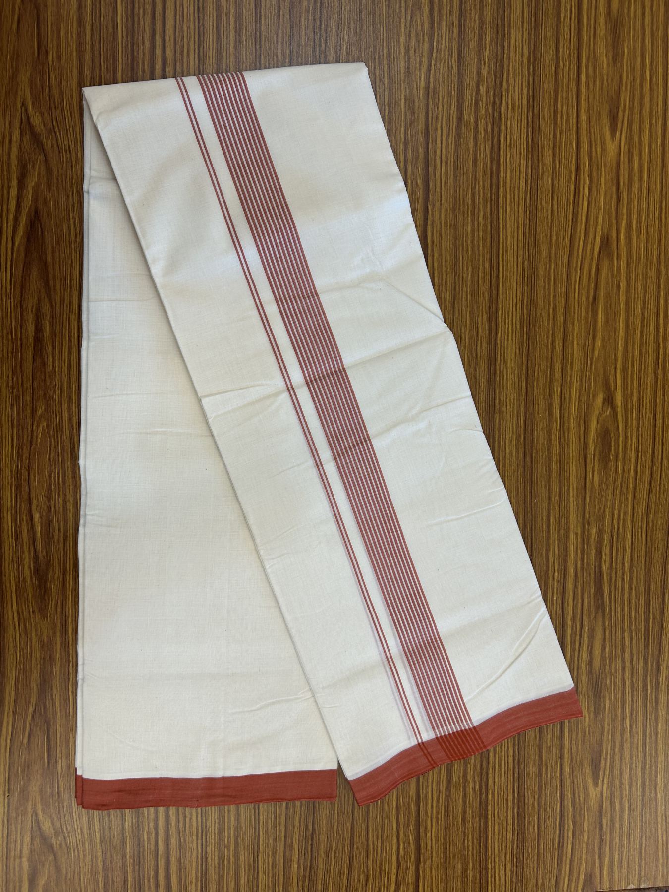 25% Discount! KaithariKada Handloom Millpaav Balaramapuram - Cotton Double Mundu/Dhoti Off white (Unbleached) - 80x90 - 1.5 inch Brick Red striped Kara - 3.70 meter (8 Muzham) - 38 KK5320 RAM