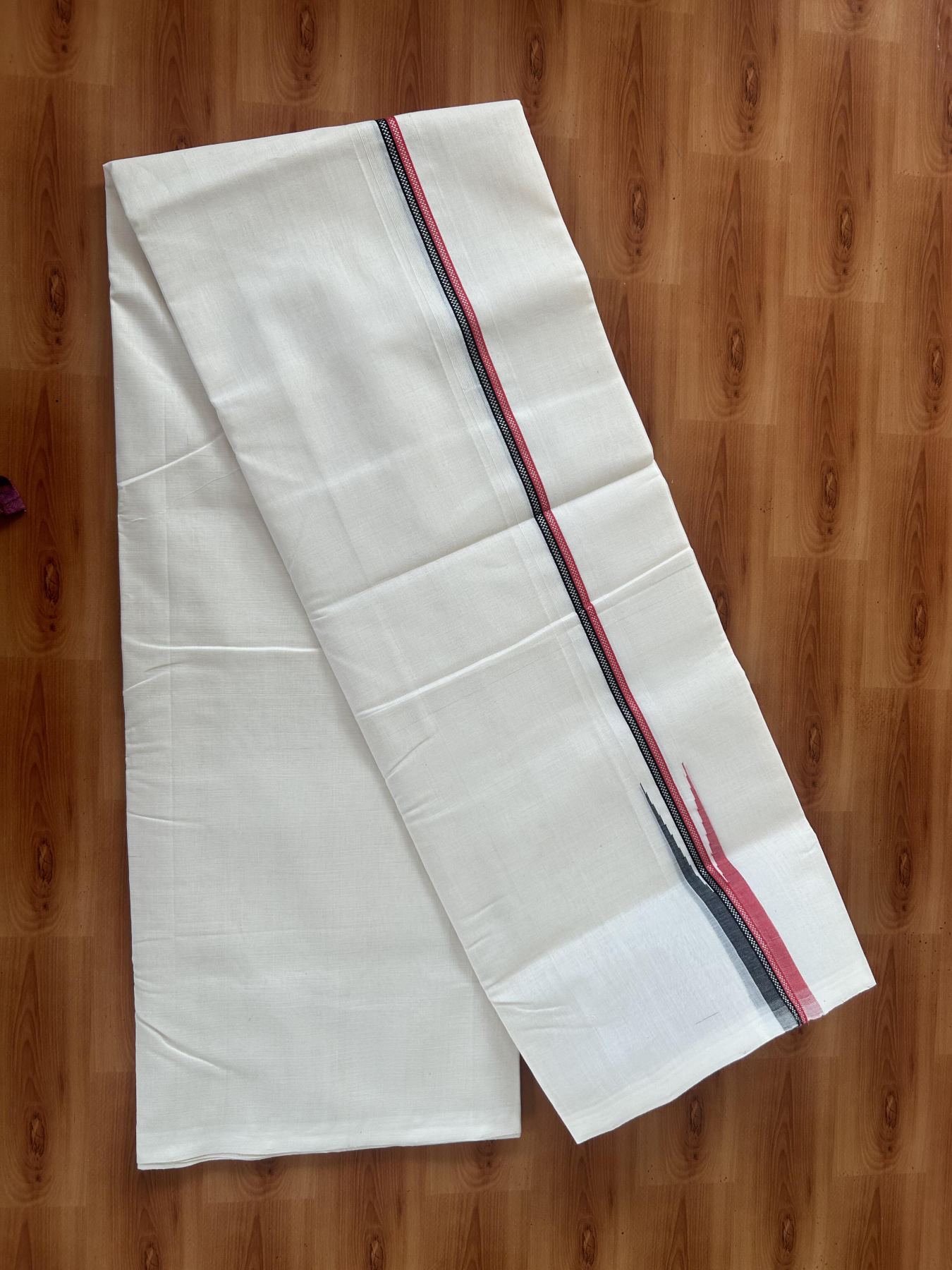 25% Discount!! KaithariKada Handloom Unakkupaav Kerala Handloom - 100% Pure Cotton Off White - (Unbleached) Double Mundu/Dothi - 100X80 - 1.5 inch Black Pinkish Red Puliyilakkara chutty 4.00 meter (8.5 Muzham) - 8 KK5390 REA