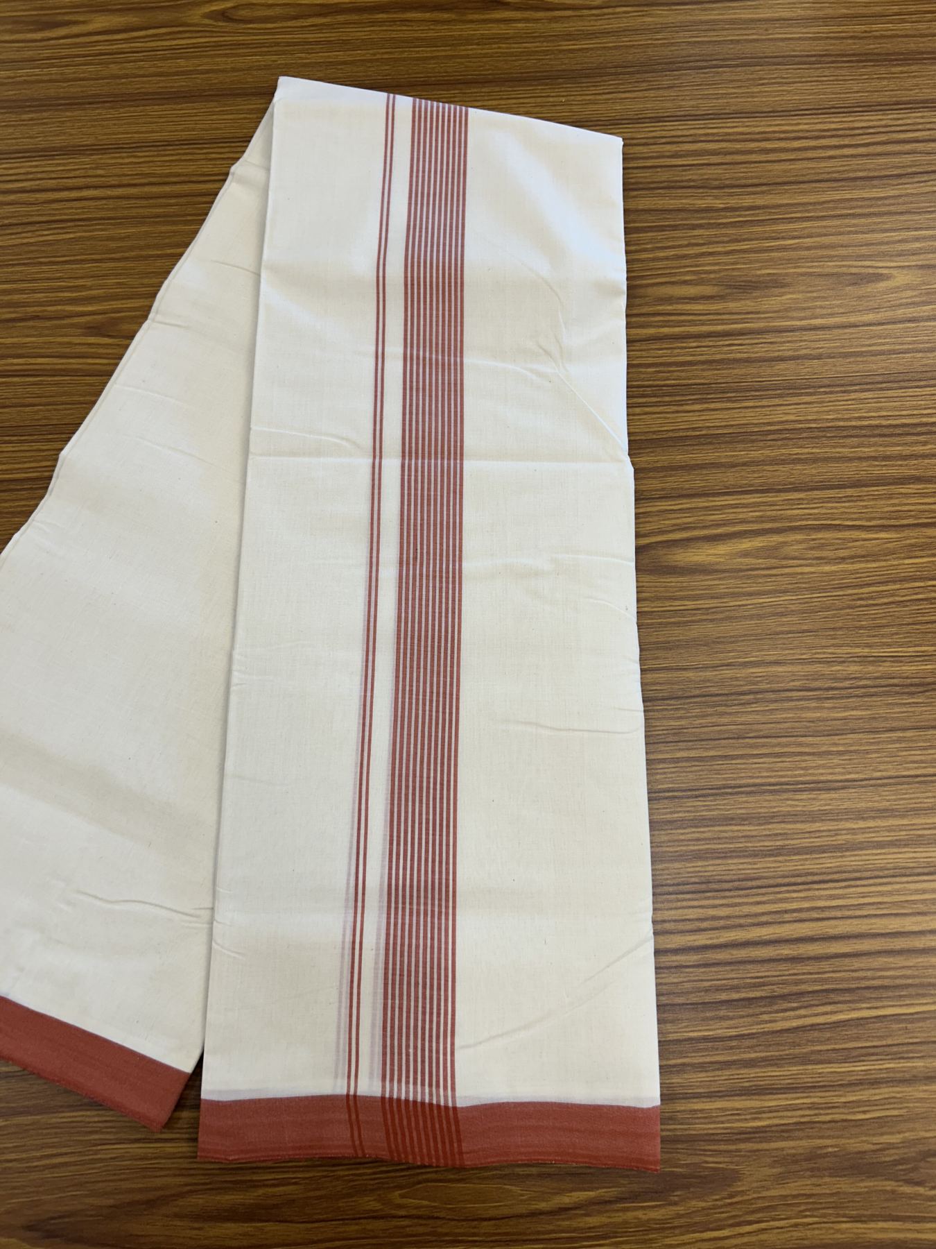 25% Discount! KaithariKada Handloom Millpaav Balaramapuram - Cotton Double Mundu/Dhoti Off white (Unbleached) - 80x90 - 1.5 inch Brick Red striped Kara - 3.70 meter (8 Muzham) - 38 KK5320 RAM