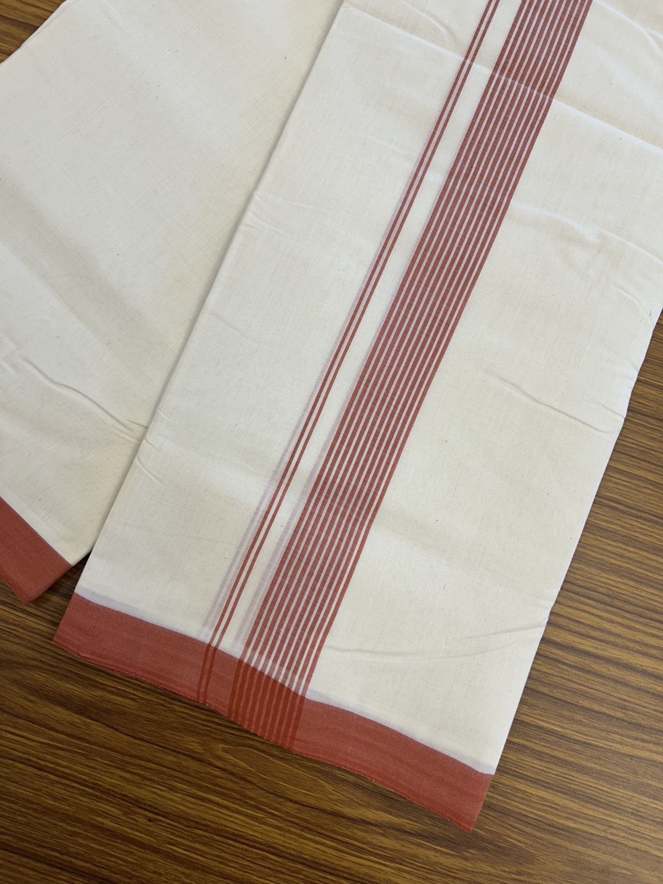 25% Discount! KaithariKada Handloom Millpaav Balaramapuram - Cotton Double Mundu/Dhoti Off white (Unbleached) - 80x90 - 1.5 inch Brick Red striped Kara - 3.70 meter (8 Muzham) - 38 KK5320 RAM