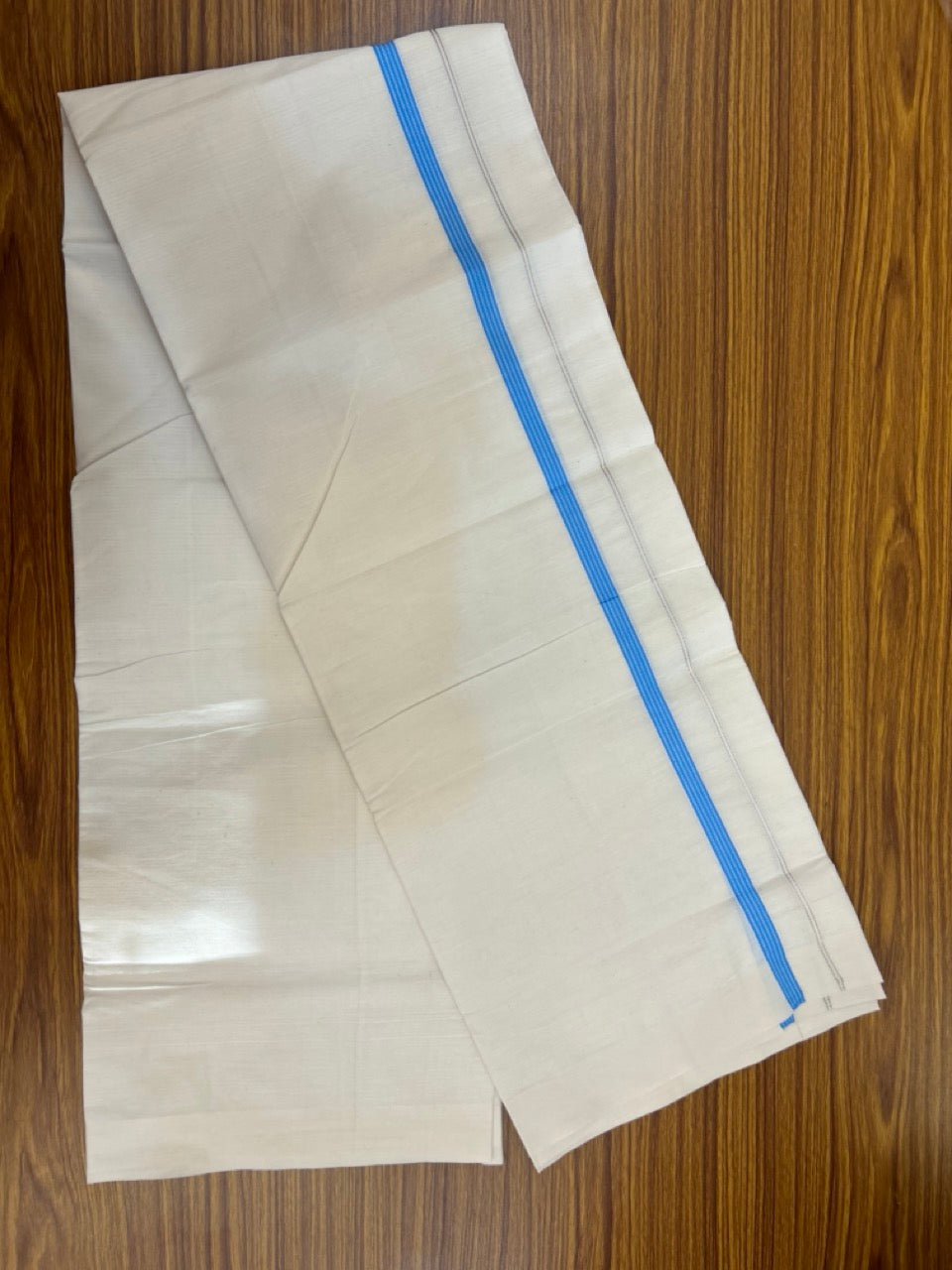 3% Discount! KaithariKada Balaramapuram 100% Cotton Single Off White - (Unbleached) Mundu/Dhoti - 100X100 - 0.5 inch Silver Kasavu Sky Blue striped kara (2 meter / 4 muzham) - 8 KK5283 PMC