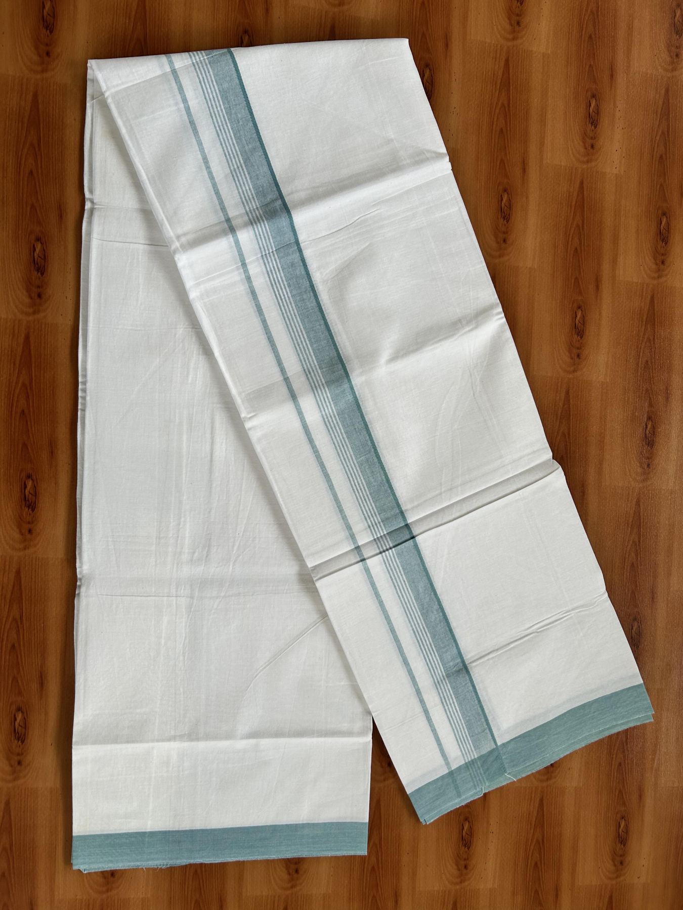 Single Pure White Mundu/Dhoti - KaithariKada Balaramapuram Pure Cotton - 70x30 - 1.25 Inch Teal Blue Shaded Striped Kara 1.90 mtr (4 muzham) - 23 KK5418 PMC