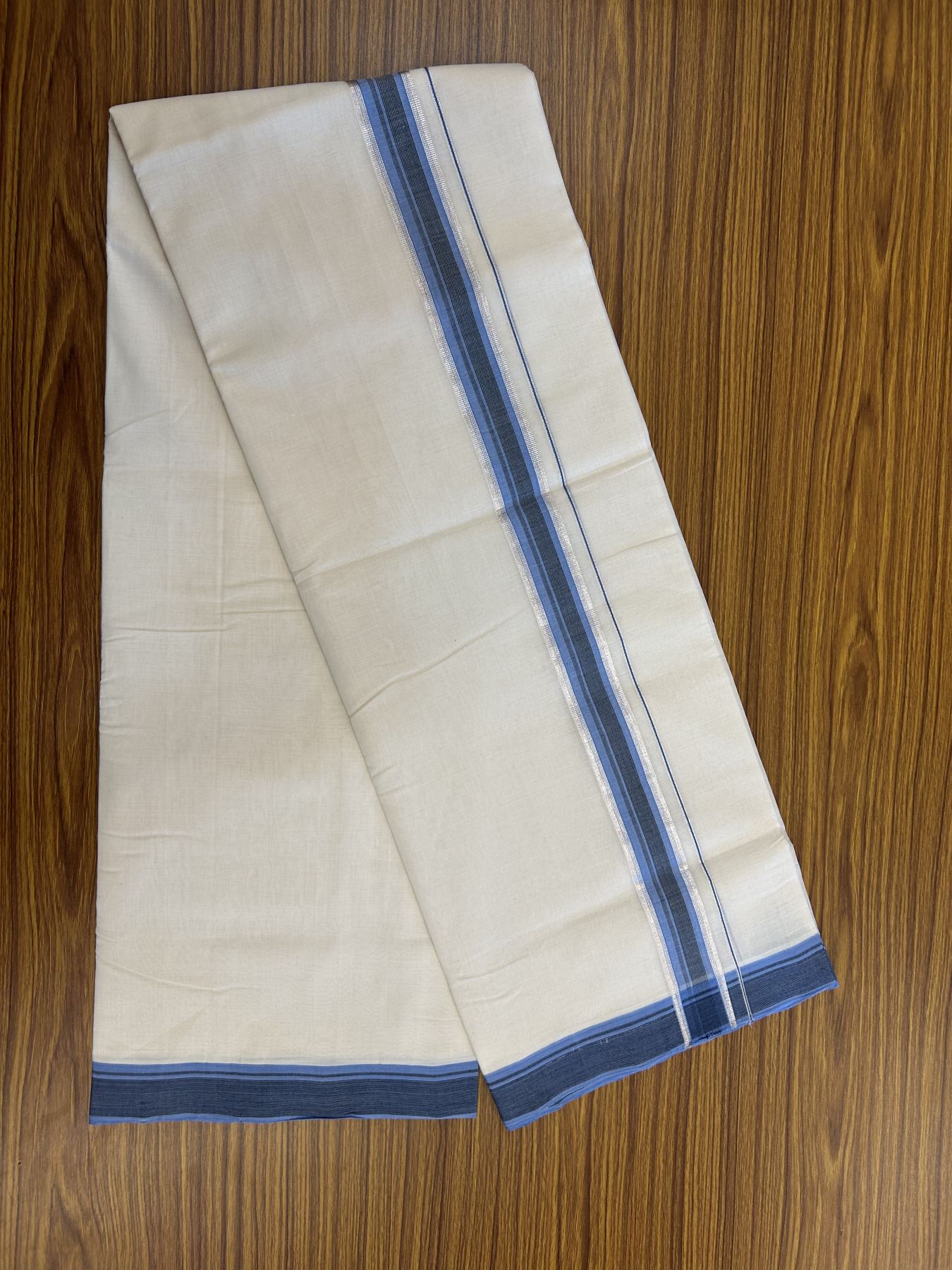 25% Discount ! Kaitharikada Handloom Unakkupaav Balaramapuram - 100% Pure Cotton Off White - (Unbleached) Double Mundu/Dhoti - 100x80 - 1.75 inch Silver Kasav Black & Blue Striped Kara 4 mtr (8.5 Muzham) - 34 KK5320 RAM