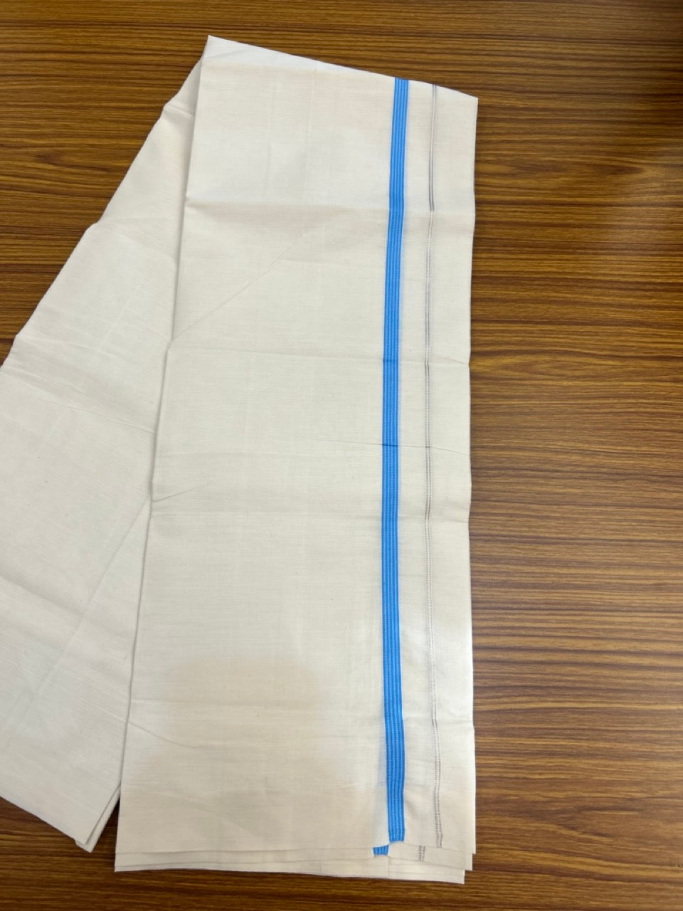 3% Discount! KaithariKada Balaramapuram 100% Cotton Single Off White - (Unbleached) Mundu/Dhoti - 100X100 - 0.5 inch Silver Kasavu Sky Blue striped kara (2 meter / 4 muzham) - 8 KK5283 PMC