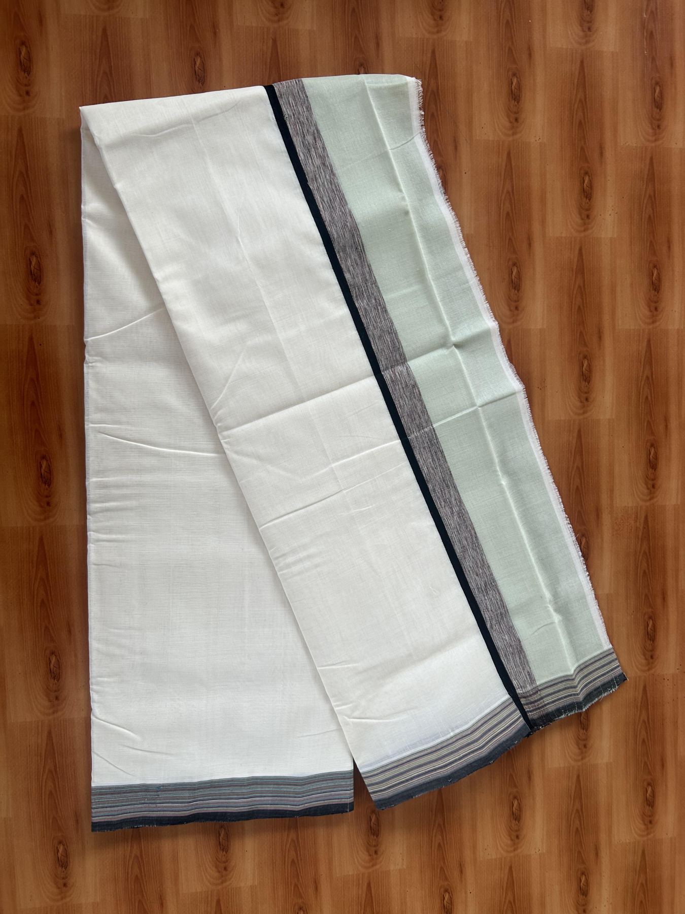 25% Discount!! KaithariKada Handloom Unakkupaav - Kerala Handloom - 100% Pure Cotton Off White - (Unbleached) Double Mundu/Dothi - 100 x 80 - 4.5 inch Multi colour , Black & Light Pista Green Side Striped Kara 4 meter (8.5 muzham) - 2 KK5390 REA