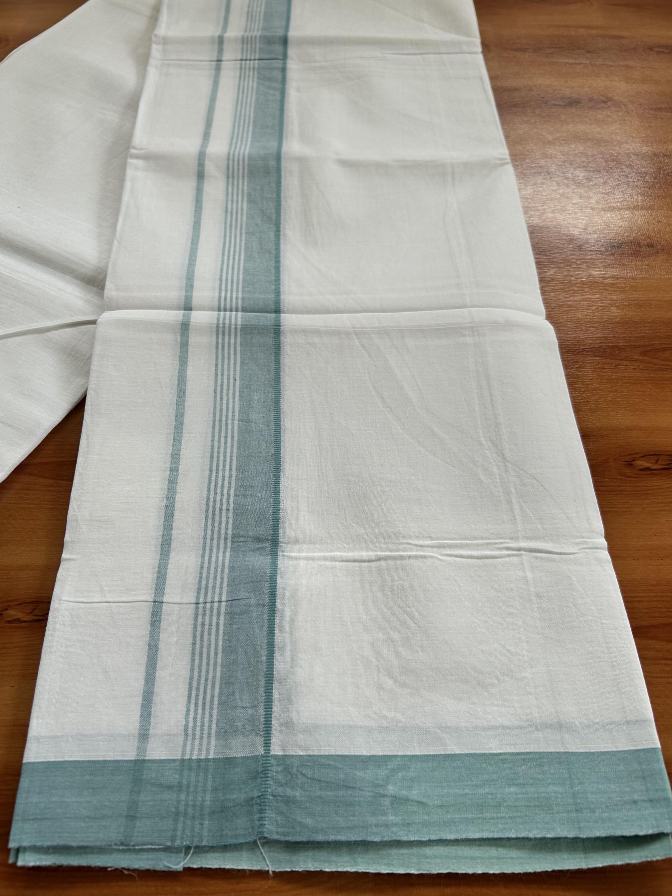 Single Pure White Mundu/Dhoti - KaithariKada Balaramapuram Pure Cotton - 70x30 - 1.25 Inch Teal Blue Shaded Striped Kara 1.90 mtr (4 muzham) - 23 KK5418 PMC