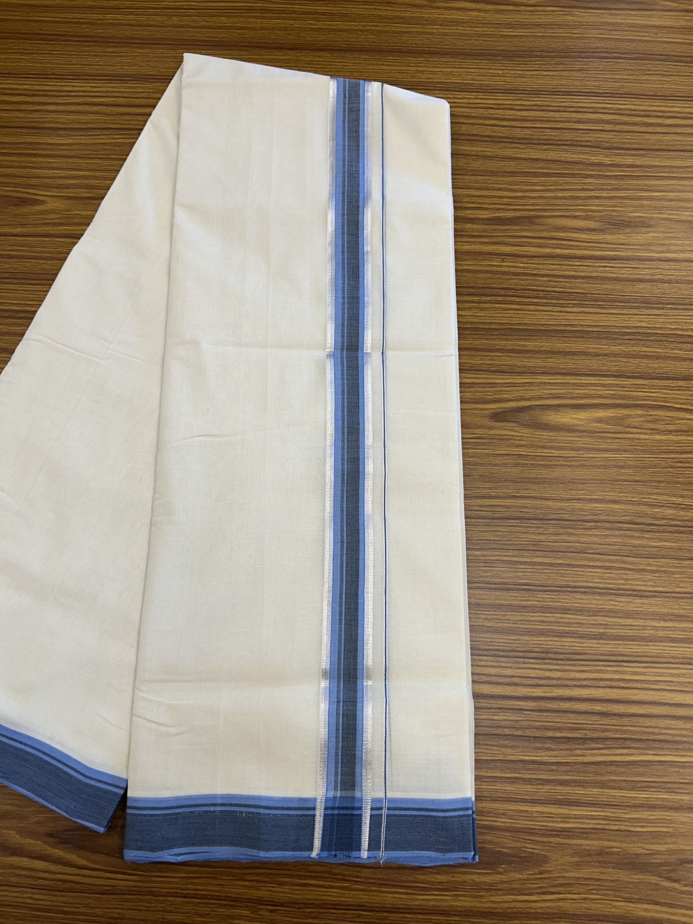 25% Discount ! Kaitharikada Handloom Unakkupaav Balaramapuram - 100% Pure Cotton Off White - (Unbleached) Double Mundu/Dhoti - 100x80 - 1.75 inch Silver Kasav Black & Blue Striped Kara 4 mtr (8.5 Muzham) - 34 KK5320 RAM