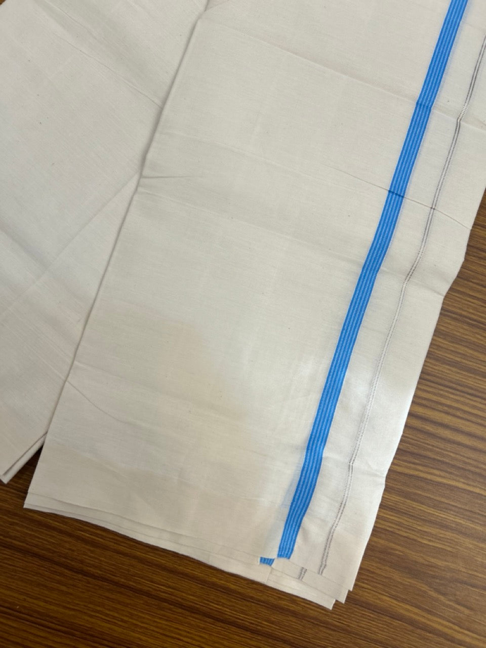 3% Discount! KaithariKada Balaramapuram 100% Cotton Single Off White - (Unbleached) Mundu/Dhoti - 100X100 - 0.5 inch Silver Kasavu Sky Blue striped kara (2 meter / 4 muzham) - 8 KK5283 PMC