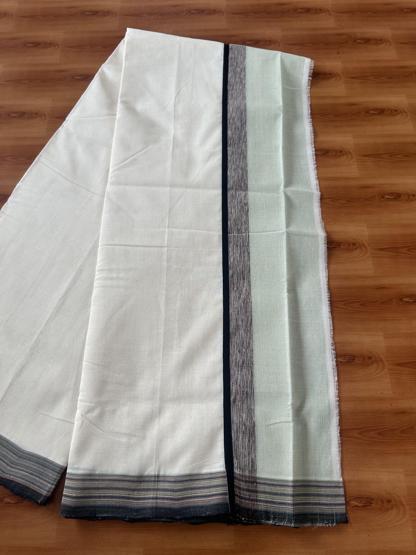 25% Discount!! KaithariKada Handloom Unakkupaav - Kerala Handloom - 100% Pure Cotton Off White - (Unbleached) Double Mundu/Dothi - 100 x 80 - 4.5 inch Multi colour , Black & Light Pista Green Side Striped Kara 4 meter (8.5 muzham) - 2 KK5390 REA