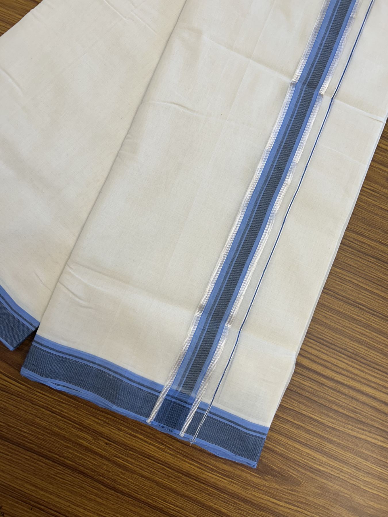 25% Discount ! Kaitharikada Handloom Unakkupaav Balaramapuram - 100% Pure Cotton Off White - (Unbleached) Double Mundu/Dhoti - 100x80 - 1.75 inch Silver Kasav Black & Blue Striped Kara 4 mtr (8.5 Muzham) - 34 KK5320 RAM
