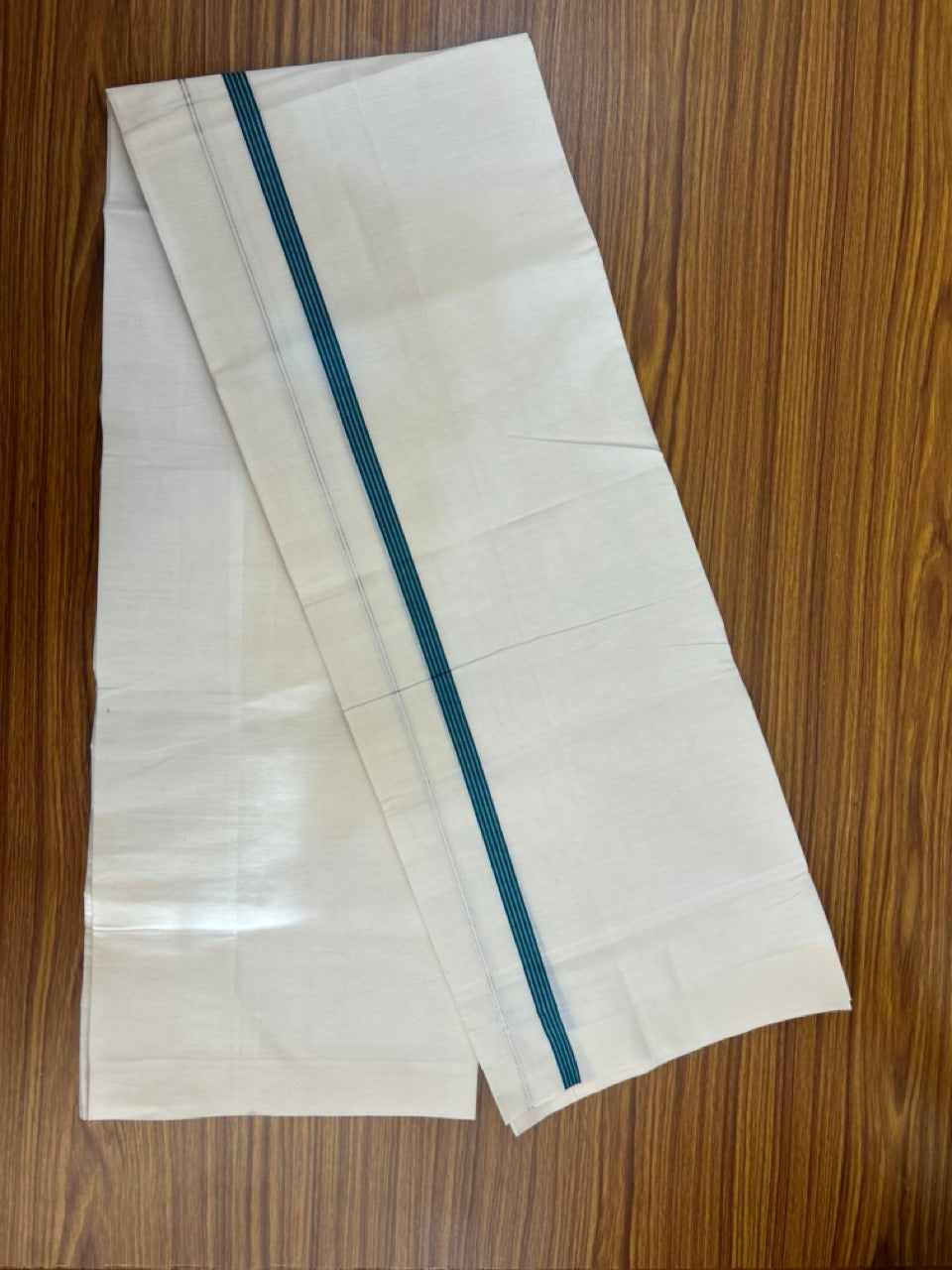 3% Discount! KaithariKada Balaramapuram 100% Cotton Single Off White - (Unbleached) Mundu/Dhoti - 100X100 - 0.5 inch Silver Kasavu Peacock Green striped kara (2 meter / 4 muzham) - 10 KK5283 PMC