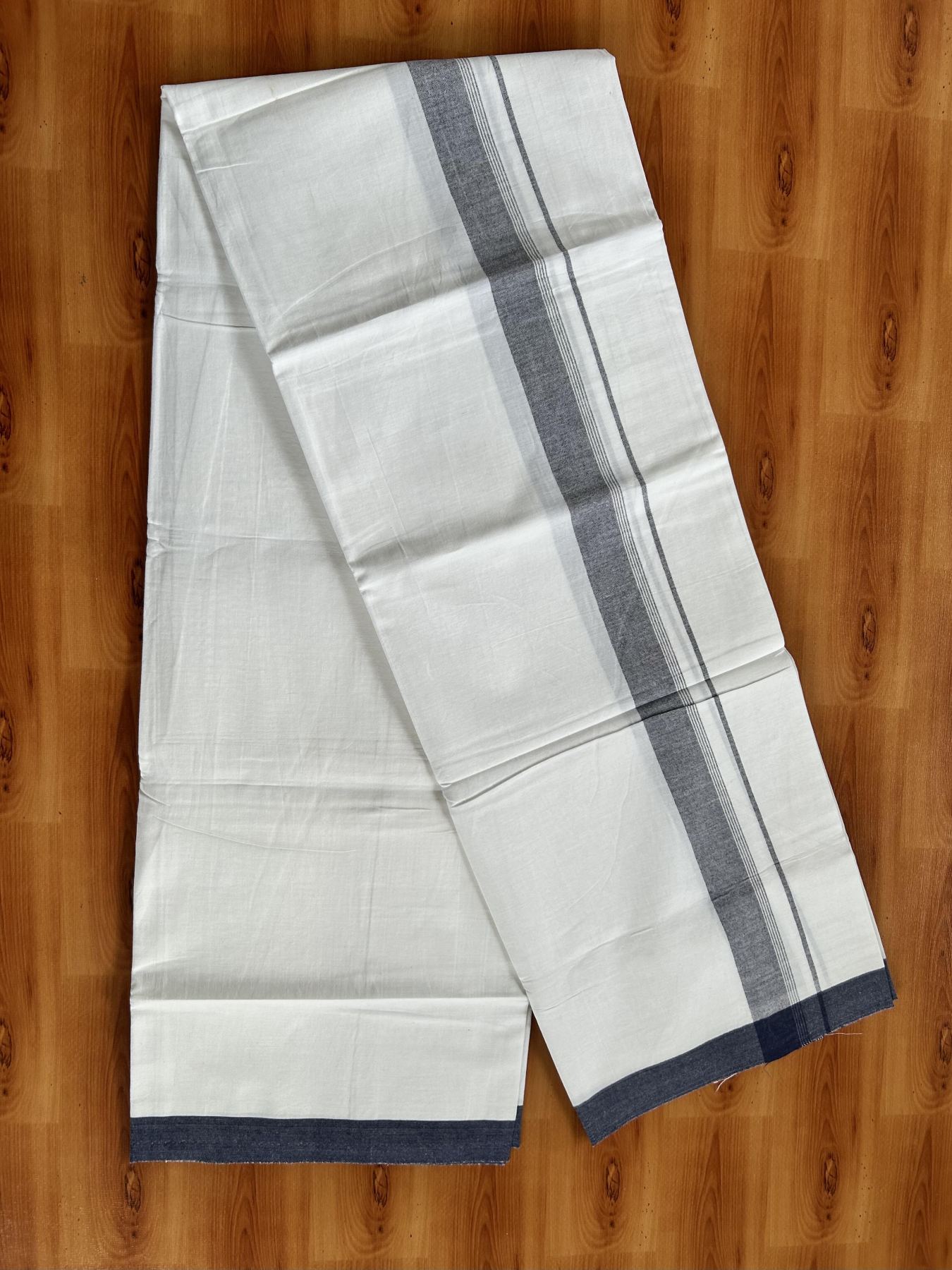 Single Pure White Mundu/Dhoti - KaithariKada Balaramapuram Pure Cotton - 70x30 - 1.25 Inch Navy Blue Shaded Striped Kara 1.90 mtr (4 muzham) - 17 KK5418 PMC