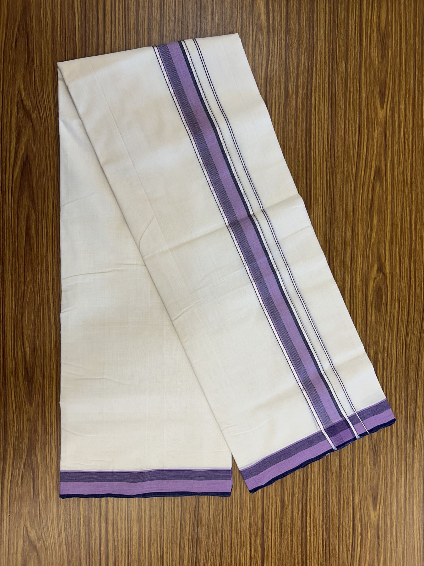 25% Discount ! Kaitharikada Handloom Unakkupaav Balaramapuram - 100% Pure Cotton Off White - (Unbleached) Double Mundu/Dhoti - 100x80 - 1.75 inch Silver Kasav Navy Blue & Purple Striped Kara 4 mtr (8.5 Muzham) - 32 KK5320 RAM