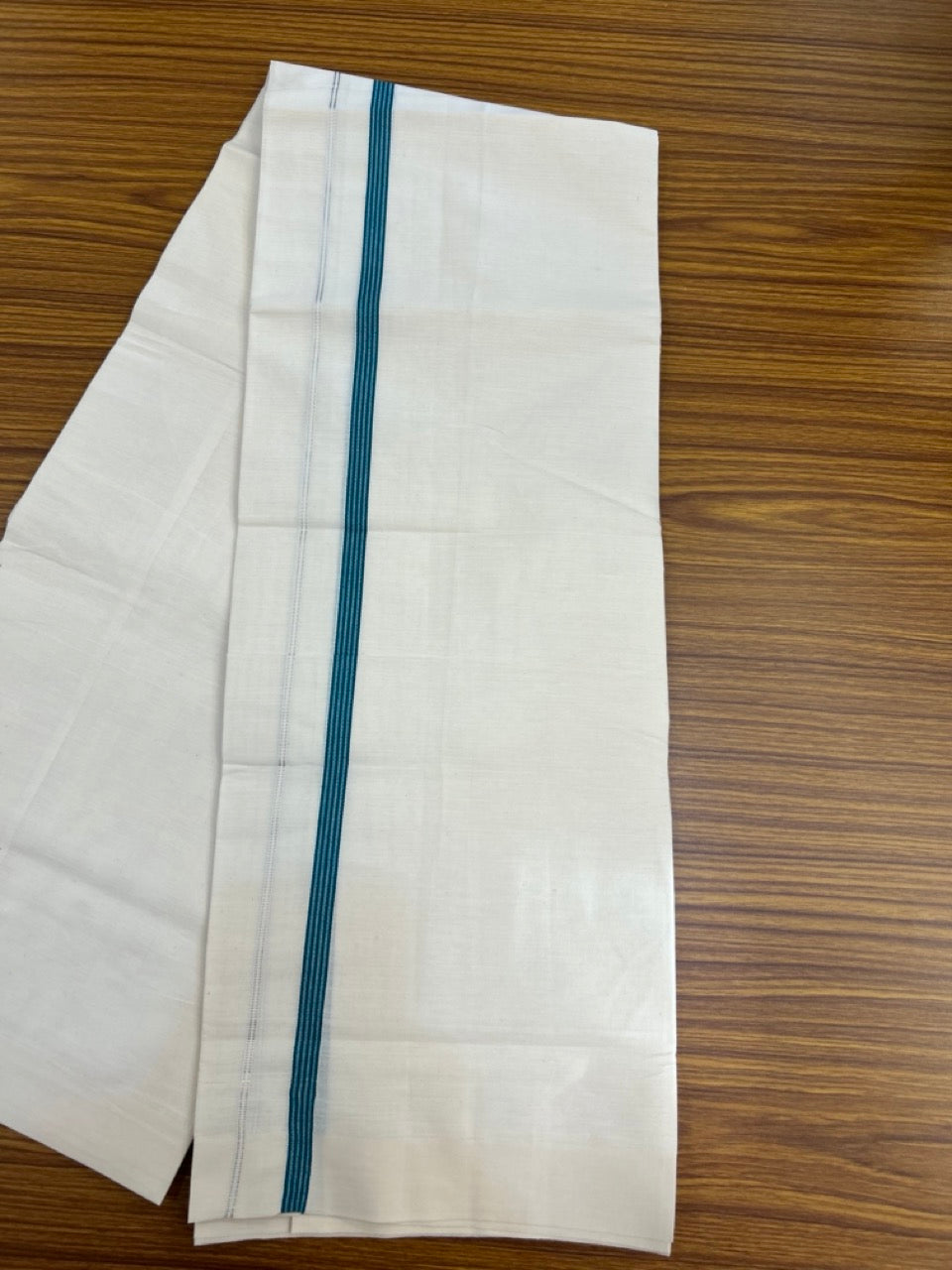 3% Discount! KaithariKada Balaramapuram 100% Cotton Single Off White - (Unbleached) Mundu/Dhoti - 100X100 - 0.5 inch Silver Kasavu Peacock Green striped kara (2 meter / 4 muzham) - 10 KK5283 PMC