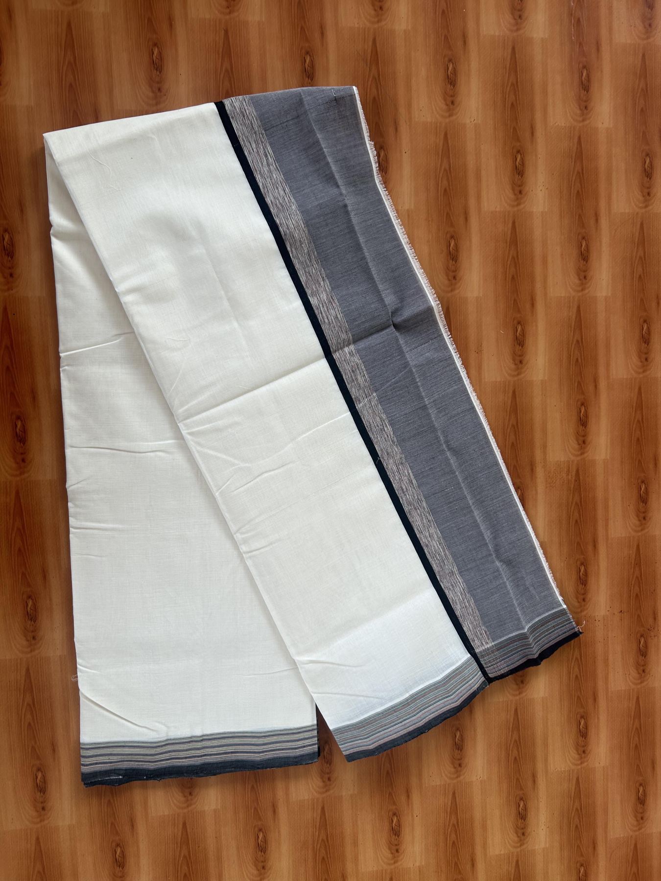 25% Discount!! KaithariKada Handloom Unakkupaav - Kerala Handloom - 100% Pure Cotton Off White - (Unbleached) Double Mundu/Dothi - 100 x 80 - 4.5 inch Multi Colour & Black ,Brown Side Striped Kara 3.80 meter (8 muzham) - 7 KK5390 REA